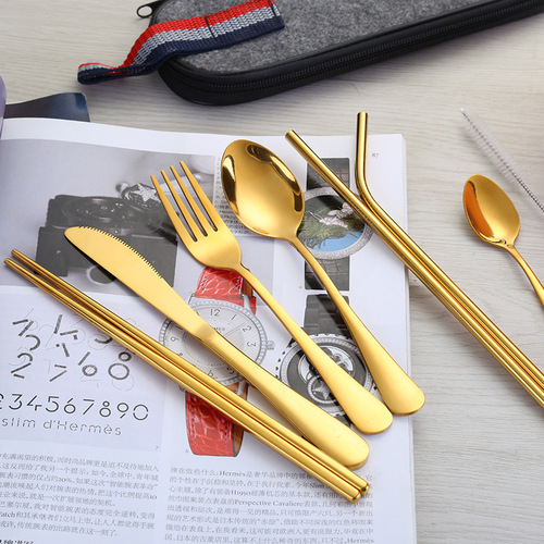 High-end 1010 Set Outdoor Western Knife, Fork, Spoon, Chopsticks, Straw Combining Portable Cutlery Bag, Factory Wholesale