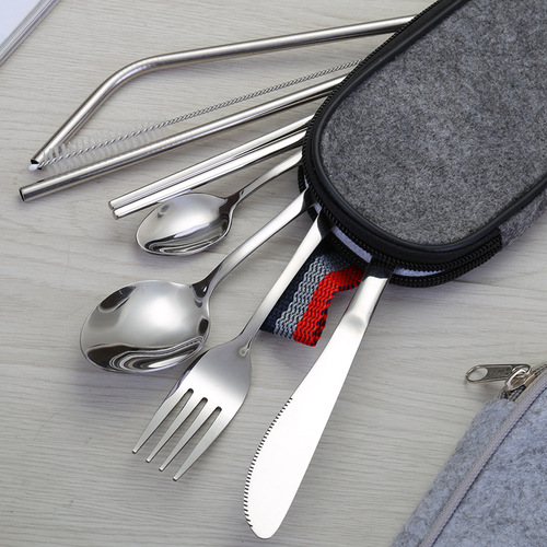 High-end 1010 Set Outdoor Western Knife, Fork, Spoon, Chopsticks, Straw Combining Portable Cutlery Bag, Factory Wholesale