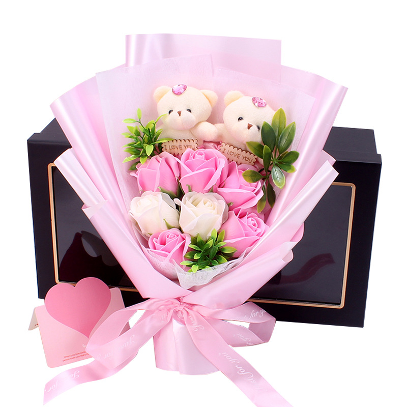 Ramo de Jabones en Forma de Oso para el Día de San Valentín y el Día de San Valentín Chino, Caja de Regalo con 7 Rosas, Regalo para el Día del Maestro, Flores Hechas a Mano