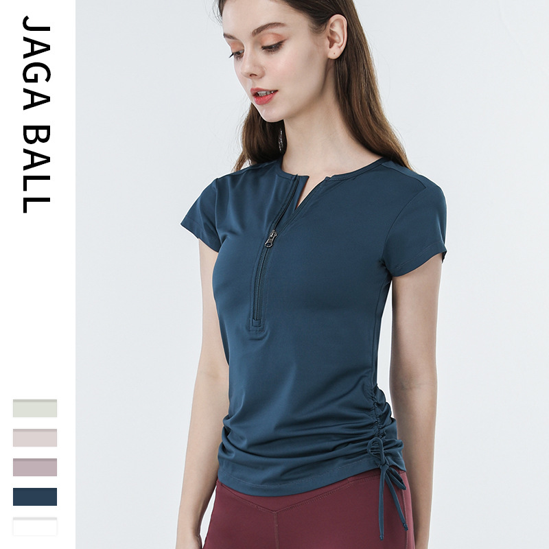 T-shirt à manches courtes à cordon de serrage européen et américain, vêtements de yoga, haut pour femmes, vêtements de fitness, de course à pied, slim et minces_voghion.com