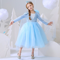 2022 Girls Elsa Dress Ins New Frozen Snow Queen Removable Cape Child Dress Elsa Princess Dress