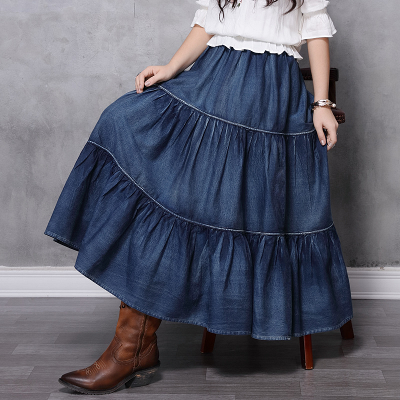 Loose Waist and Crotch Cake Large Size Denim Skirt Autum New Retro Versatile Mid-Length Skirt 2230
