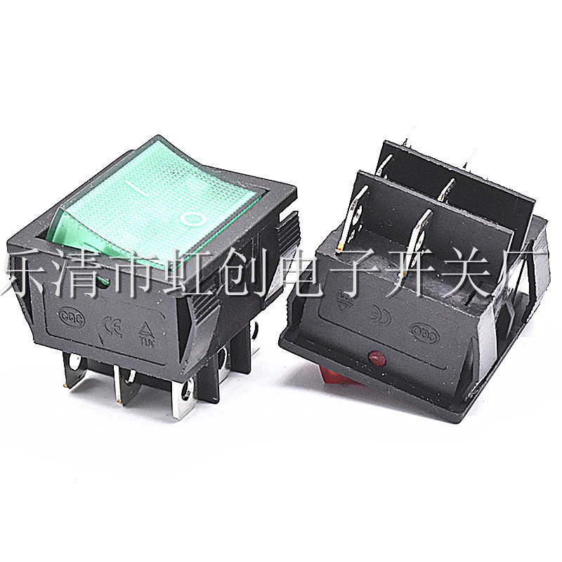 6脚2档 船形开关 KCD9 30X32 绿色带灯 透明绿盖 带灯 翘板开关