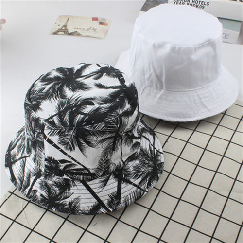 Cross-border e-commerce canvas fisherman hat for men and women, trendy printed coconut tree reversible basin hat, outdoor travel sun hat