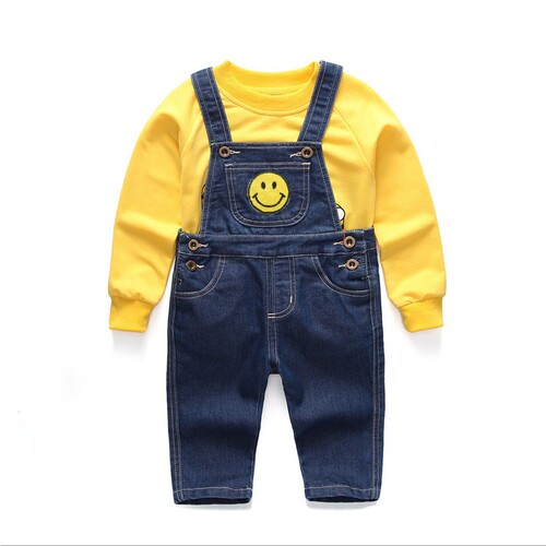 Children's Day performance outfit, cartoon denim overalls set for kids, spring/autumn style two-piece romper pants set