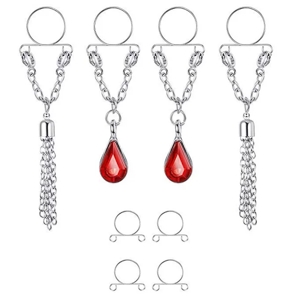 Factory direct foreign trade explosions fashion red water drop fake breast ring tassel adjustable breast ring body puncture ornaments