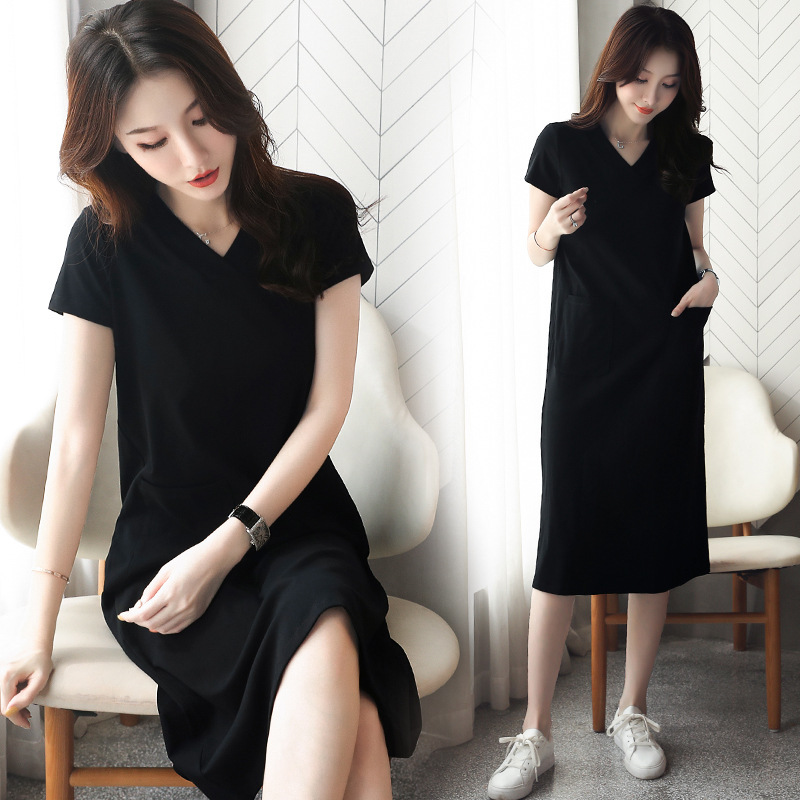 K-Style of the New 2022 Summer Mid-Length T-Shirt Skirt Women's Loose Bottoming Skirt with Flap Pocket Pantss V Neck Short-Sleeved Dress K-Style of the New 2022 Summer Mid-Length T-Shirt Skirt Women's Loose Bottoming Skirt with Flap Pocket Pantss V Neck Short-Sleeved Dress