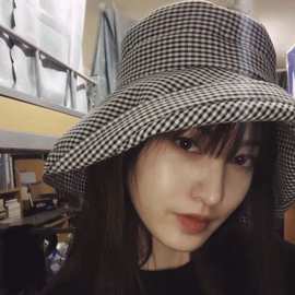 新款千鸟格女士夏季盆帽渔夫帽防晒户外遮阳帽旅游帽日系夏天帽子