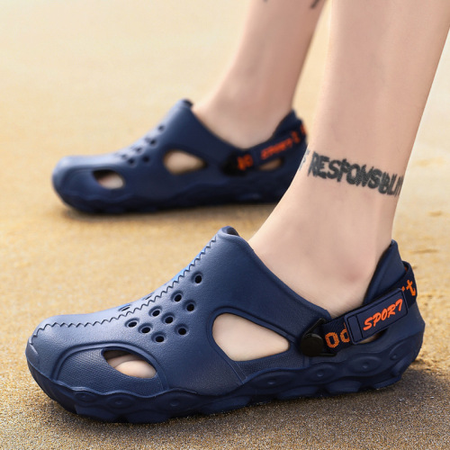 Summer Mesh Shoes Men's Korean-style Trendy Thick-Soled Beach Sandals, Closed-Toe Hollowed-Out Plus-Size Outdoor Flip-Flops