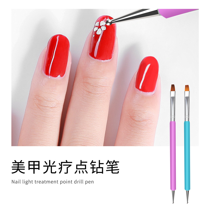 Herramientas de uñas de doble cabeza fototerapia pluma cepillo pluma plana pegamento pegajoso taladro palo pluma punto flor aguja
