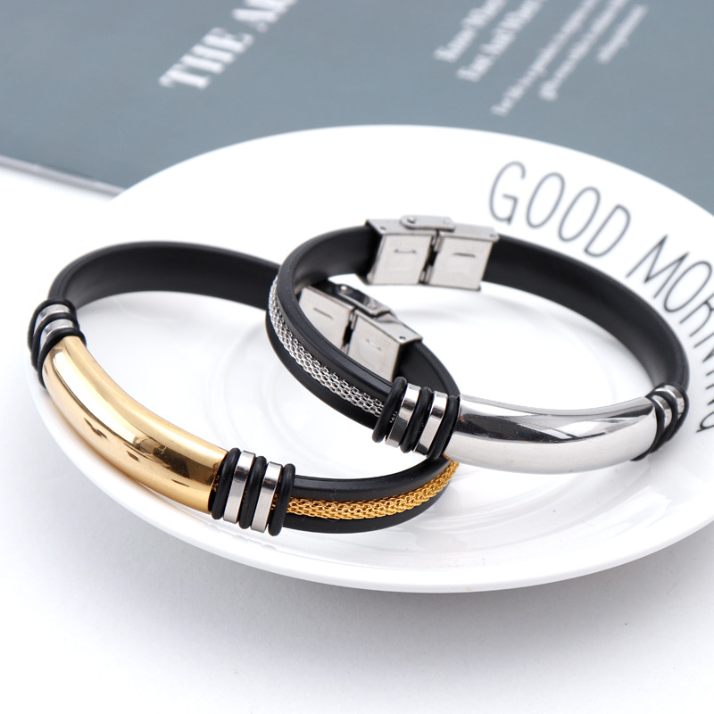 Foreign Trade Cross-Border Export Men's Punk Titanium Steel Bracelet Manufacturer Wholesale Gift Engraved Silicone Stainless Steel Bracelet