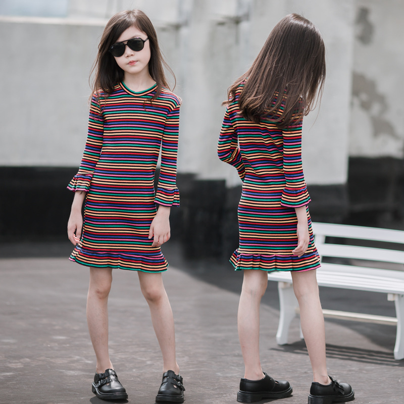 Vestido de las niñas primavera y otoño 2023 nueva ropa de primavera estilo occidental de los niños acampanado manga larga princesa vestido rayas una línea falda