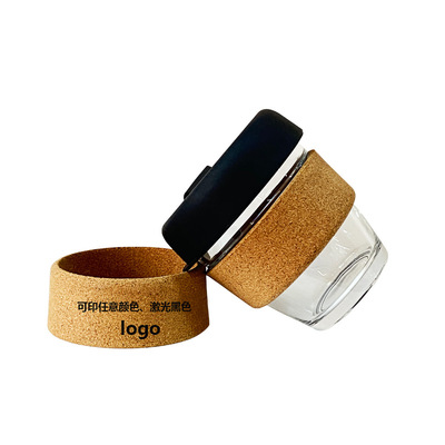 简约创意硅胶玻璃咖啡杯 防滑软木套便捷办公带盖玻璃水杯印刷|ms