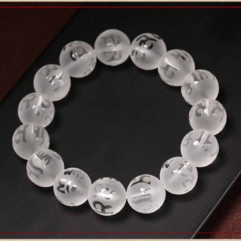 Cristal blanco natural esmerilado seis palabras mantra Buda cuentas pulsera dorado letras Daming mantra pulsera fábrica al por mayor