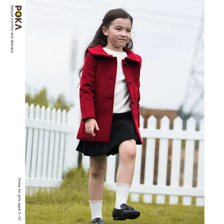 POKA女童装2026冬季新款外套羊毛呢子大衣保暖大毛领子中长款风衣