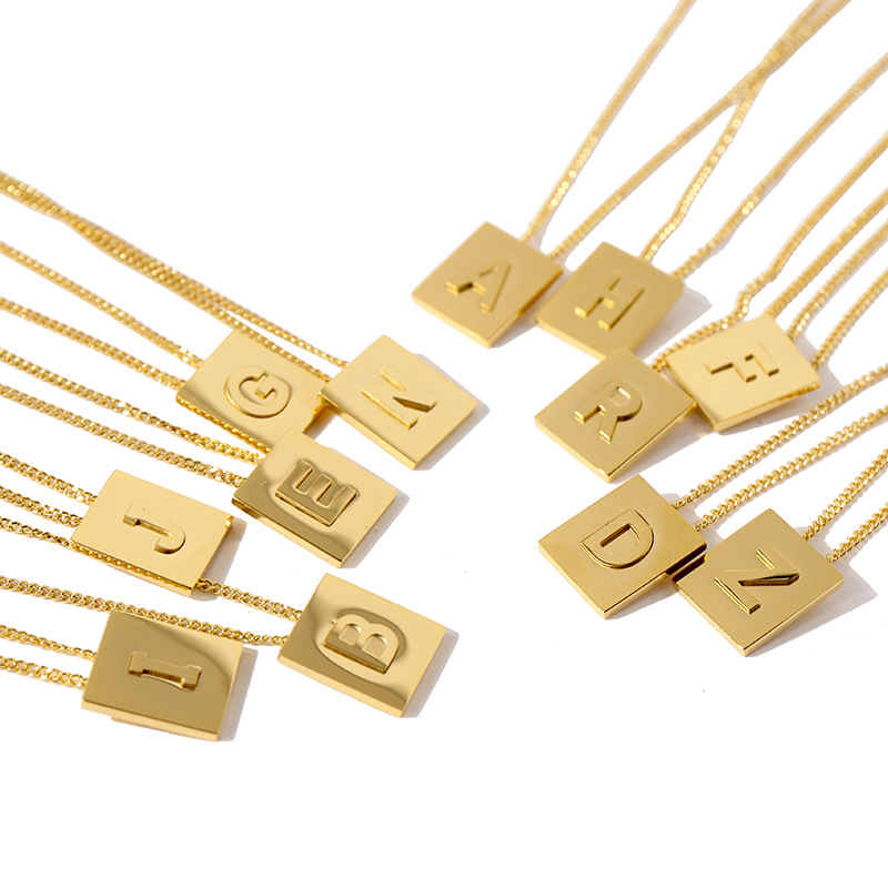 LISA relief three-dimensional heavy industry CEL surname name small square 26 letters iron plate titanium steel color retaining clavicle necklace