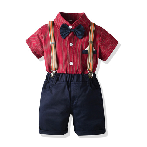 Children's Summer Suit Set, Gentleman's Formal Dress with Bow Tie, Red Striped Shirt, Overalls, Birthday Outfit for Boys