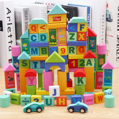 100 Bucket Building Blocks Children's Wooden Letters Solid Wood Assembled Baby Toys Early Childhood Education Manufacturer Wholesale