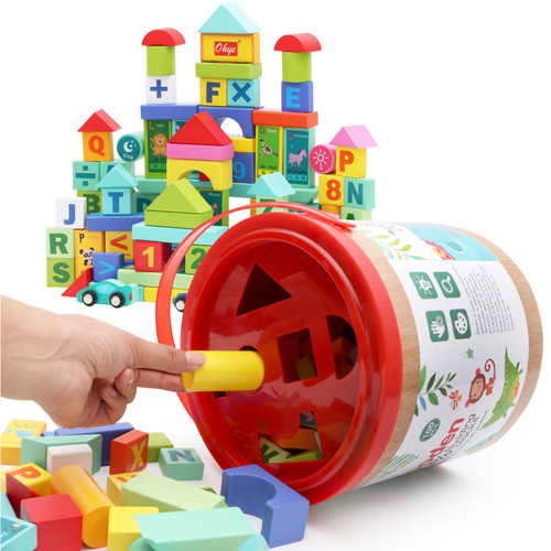 100 Bucket Building Blocks Children's Wooden Letters Solid Wood Assembled Baby Toys Early Childhood Education Manufacturer Wholesale