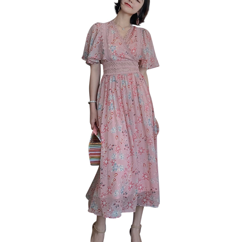 Váy hoa voan maxi dài qua gối phong cách tiên nữ Pháp thắt eo — Phấn hoa vụn