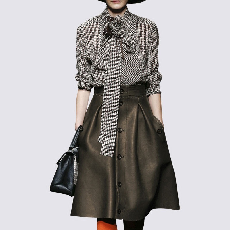 Spring Houndstooth Shirt Fashion suit Skirt Leather Skirt Two-piece Fashionable Slim Dress Bow Spring Houndstooth Shirt Fashion suit Skirt Leather Skirt Two-piece Fashionable Slim Dress Bow