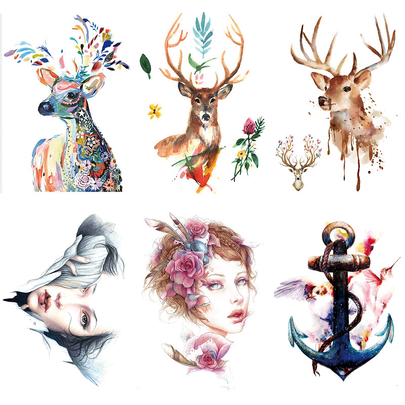 Elk Tattoo Sticker Beauty Watercolor European and American Style Amazon Set Water Transfer Sexy Flower Arm Waterproof Tattoo Sticker