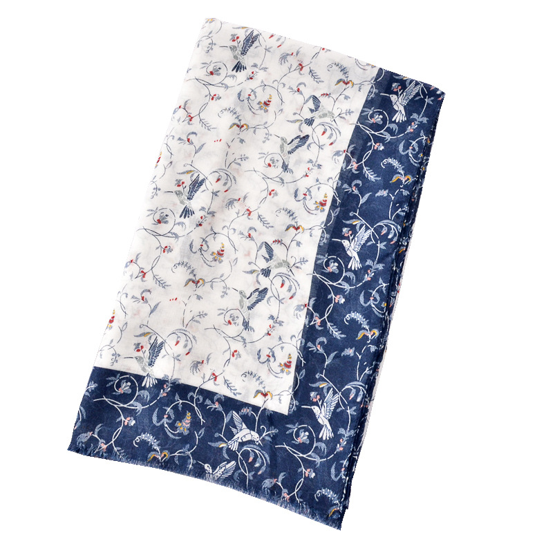 Nuevo estilo japonés artístico llano blanco azul Vid pájaro impreso bufanda de seda primavera y verano moda fresca bufanda larga bufanda