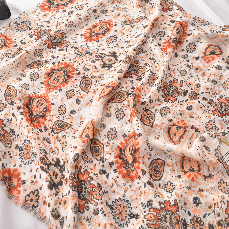 Nueva primavera y verano viajes largo protector solar chal bufanda de seda exótica retro estilo étnico naranja Rosa Totem algodón y lino bufanda para mujeres