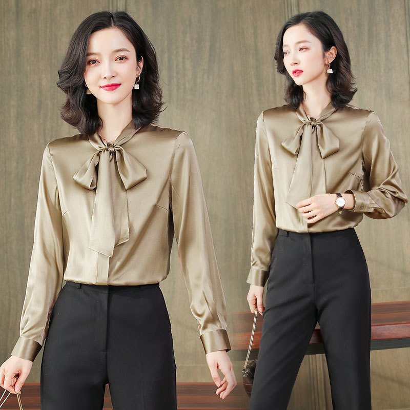 Heavy Silk Shirt for Women, Long-Sleeved, New Design for Spring and Autumn, Unique with Ribbons, High-End and Elegant Mulberry Silk Top for Women