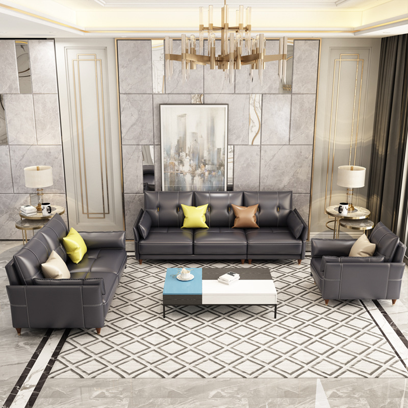 Nuevo estilo de muebles de sala de estar de cuero nórdico sofá de tres asientos Post-moderna combinación de sofá de cuero de lujo traje de Villa