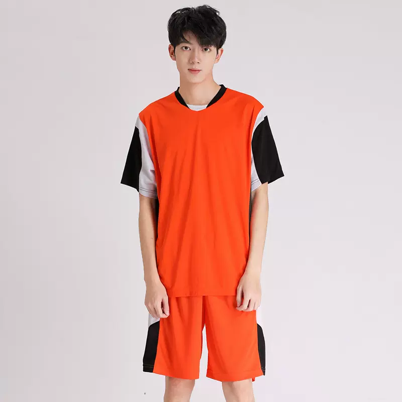 定制男士足球服套拼色运动风格透气装夏季短袖v领宽松大码运动服