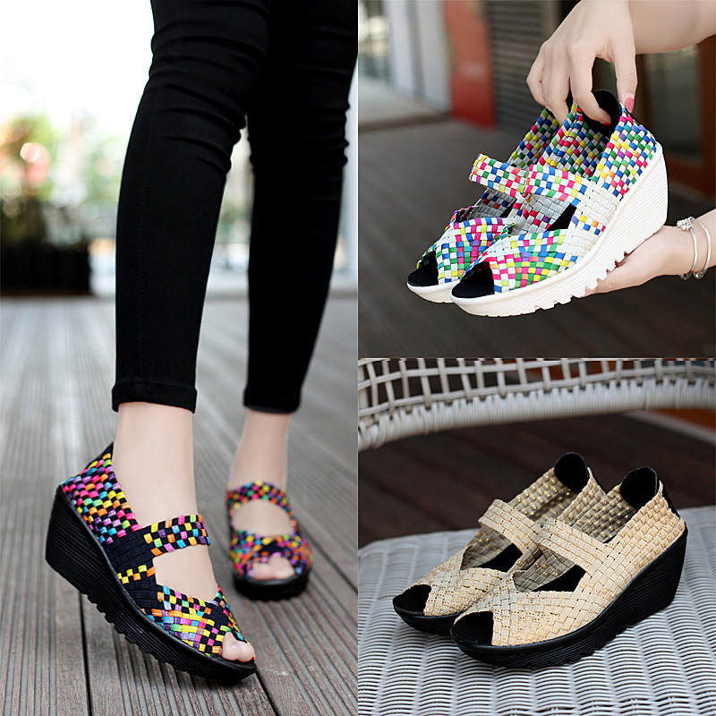 Cross-border Large Size Handmade Woven Shoes Women's Shoes Wedge Heel Thick-soled Casual Korean Style Women's Fish-toe Shoes Hollow Breathable