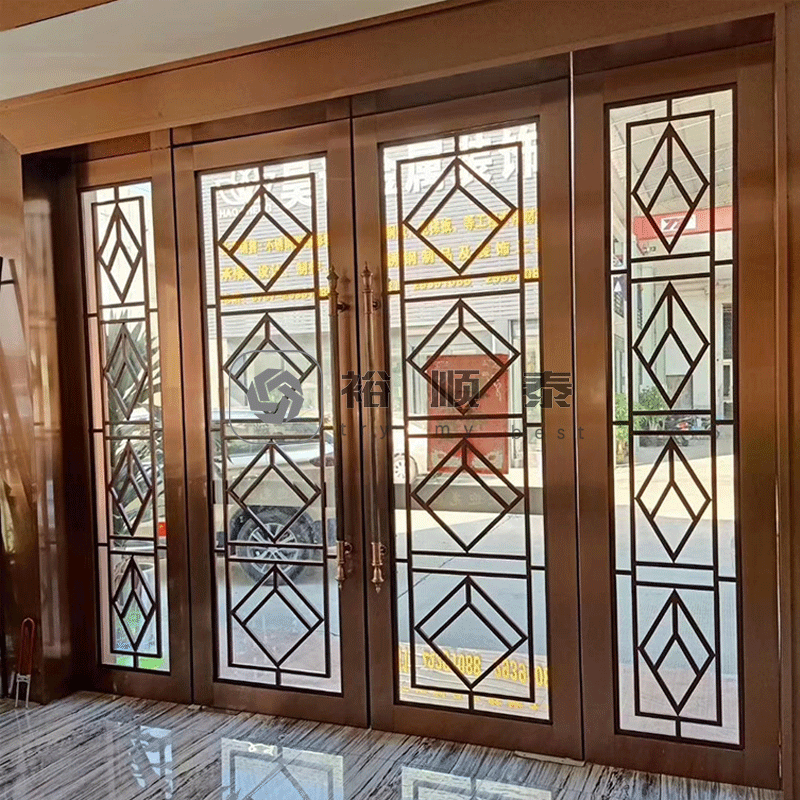 Sales Center Hotel Door Chinese Style Tempered Glass Sliding Door Carved Metal Stainless Steel Floor Spring Door