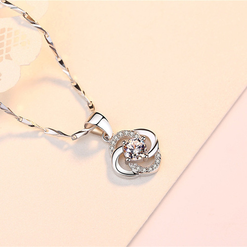 S999 Pure Silver Pendant Zircon Four-leaf Clover Necklace Women's Clavicle Chain Simple Pendant Women's Japanese and Korean Versatile Factory Direct Sales