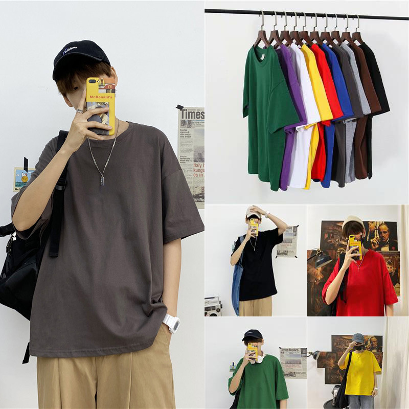 Summer Simple Ins Hong Kong-style Solid Color Short-sleeved T-shirt Men's Loose Simple Student Class Clothes Korean-style Half-sleeved Bf Top