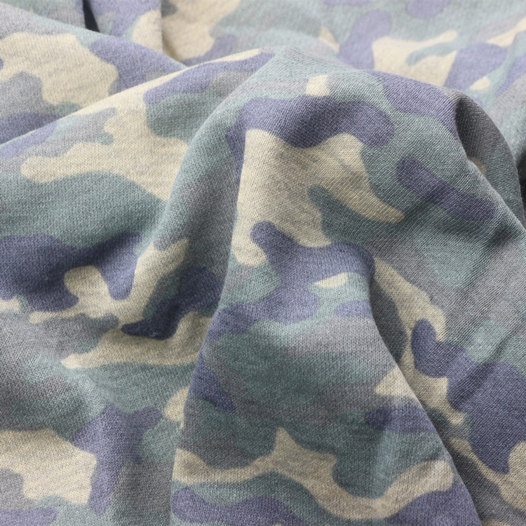 TC涤纶棉迷彩涂料印花法国毛圈拉绒法式三线卫衣绒布夹克面料加厚