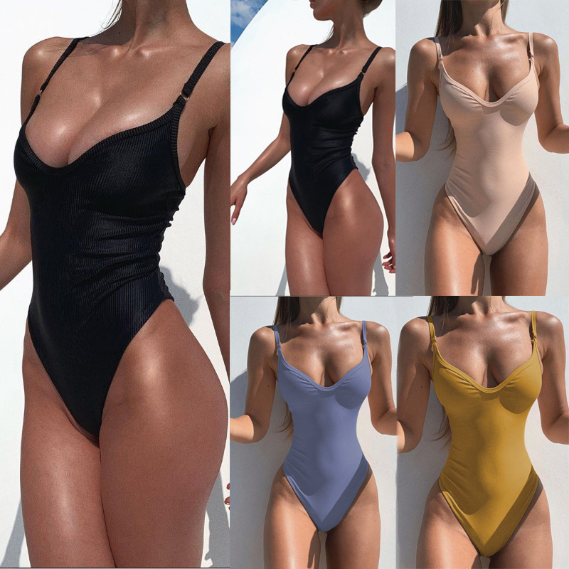 New High-Elastic Foreign Trade Cross-Border Swimsuit for Women European and American Amazon Flesh Pink Solid Color Women's Sexy Swimsuit for Women One-Piece
