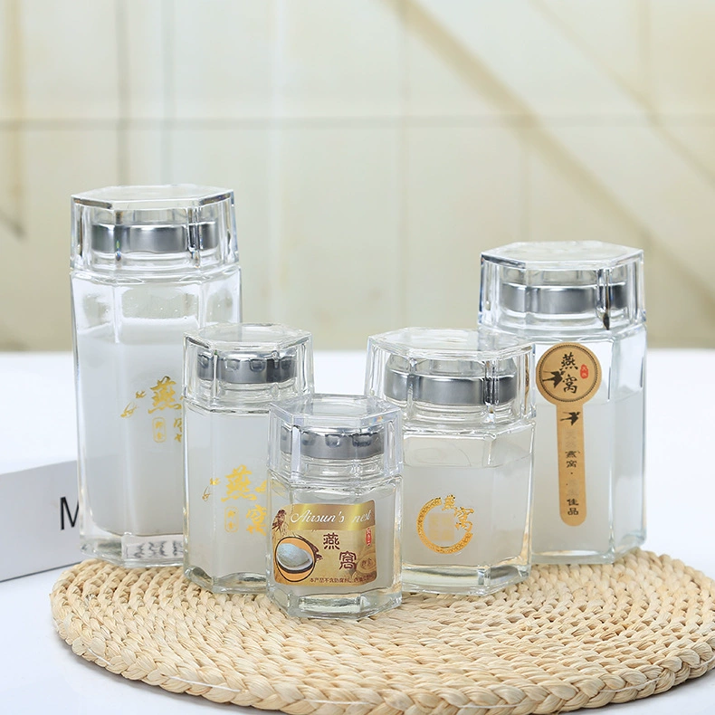 50 мл шестиугольная бутылка с птичьим гнездом, стеклянная бутылка для меда, прозрачная бутылка с птичьим гнездом, бутылка для хранения варенья, бутылка для маринованных овощей с соусом чили