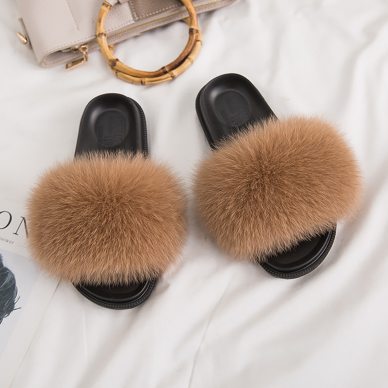 Zapatillas de piel de zorro real de estilo coreano para mujer, zapatillas de piel al aire libre de primavera y verano, chanclas, zapatillas planas