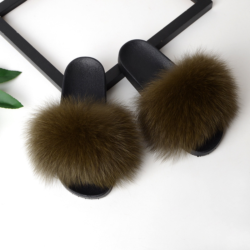 Zapatillas de piel de zorro real de estilo coreano para mujer, zapatillas de piel al aire libre de primavera y verano, chanclas, zapatillas planas