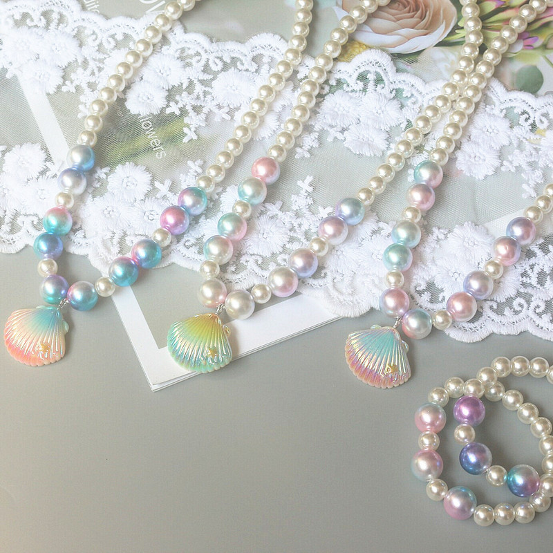 Children's Baby Little Girl Accessories Ocean Shell Mermaid Beads Necklace Bracelet Set Two-Piece Set Girls' Accessories