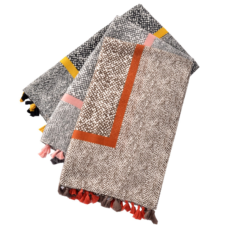 2020 primavera y verano estilo coreano Dongdaemun versátil sarga de algodón bufanda geométrica de moda borla a rayas bufanda de chal de protección solar