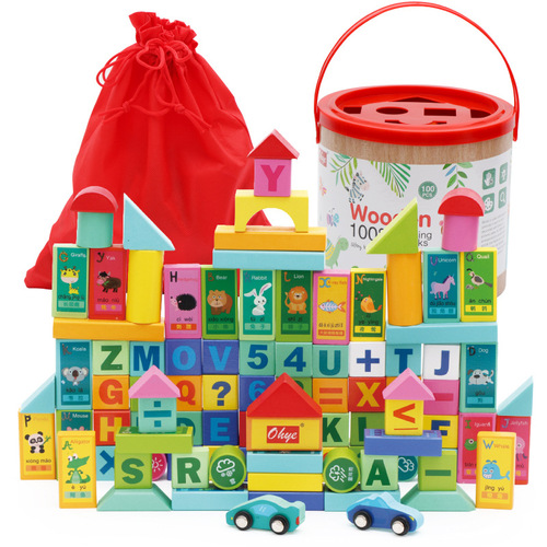 100 Bucket Building Blocks Children's Wooden Letters Solid Wood Assembled Baby Toys Early Childhood Education Manufacturer Wholesale
