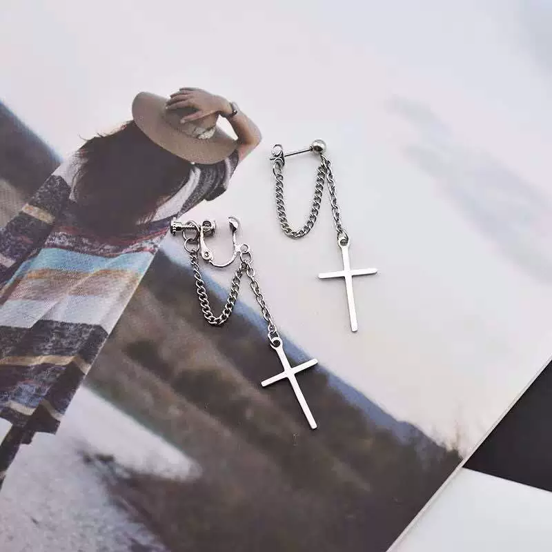 Серьги Harajuku крест-цепочка, японско-корейский «кул-герл» стиль, серебристые