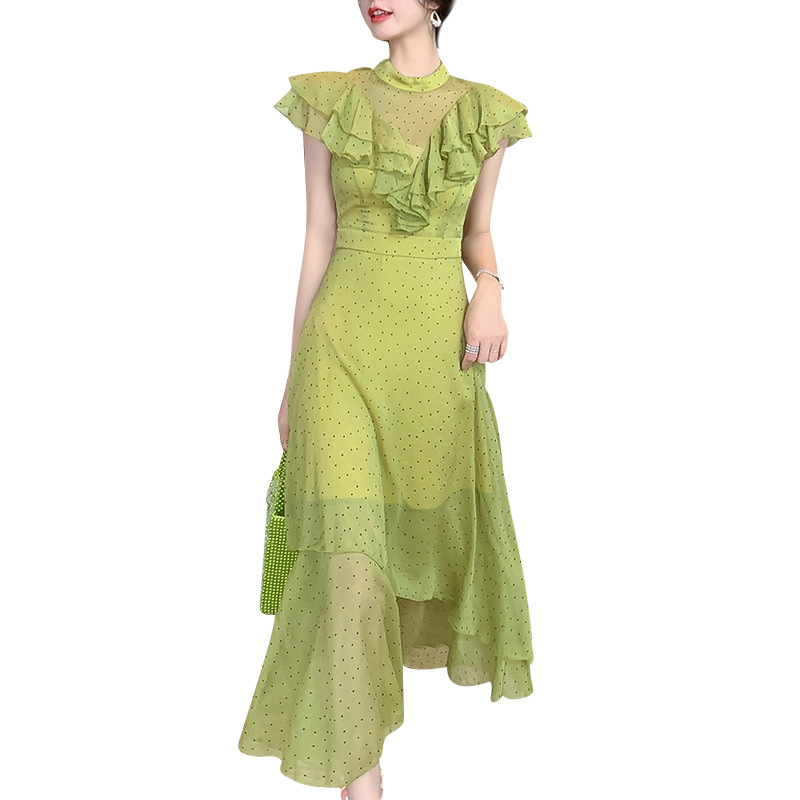 Đầm maxi nữ thắt eo chấm bi phối ren xếp tầng voan dài — Màu xanh lá