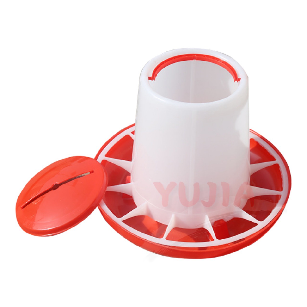 Comercio exterior de comercio electrónico transfronterizo rojo y blanco alimentador torre de plástico aves de corral Cría de pollo, pato y ganso alimentación barril de alimentación barril