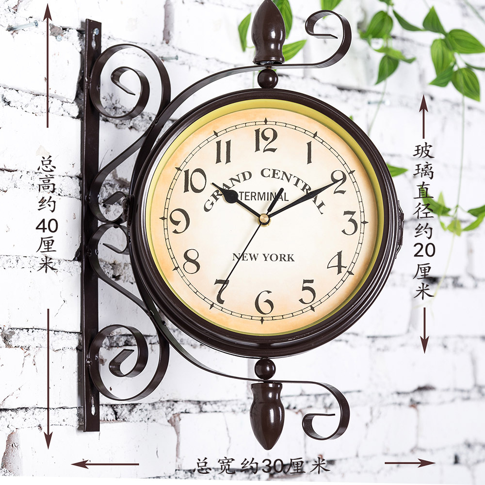 Reloj de pared de doble cara de hierro de estilo europeo creativo americano Reloj de pared de doble cara moderno minimalista sala de estar reloj de Casa reloj retro