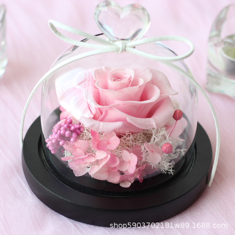 Regalo para el Día de la Madre, flor eterna, pequeña rosa en forma de corazón, cúpula de cristal, caja de regalo, adorno de flor eterna terminado en Yunnan