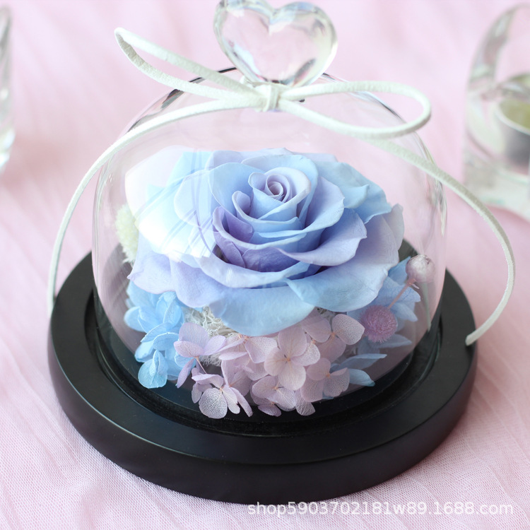 Regalo para el Día de la Madre, flor eterna, pequeña rosa en forma de corazón, cúpula de cristal, caja de regalo, adorno de flor eterna terminado en Yunnan