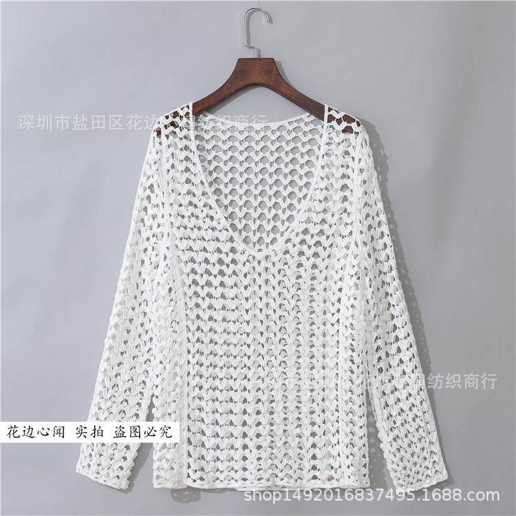 Korean New Cotton Hollow Crochet Crochet Embroidery Women's Long Sleeve Base Shirt Blouse Top Sunscreen Blouse